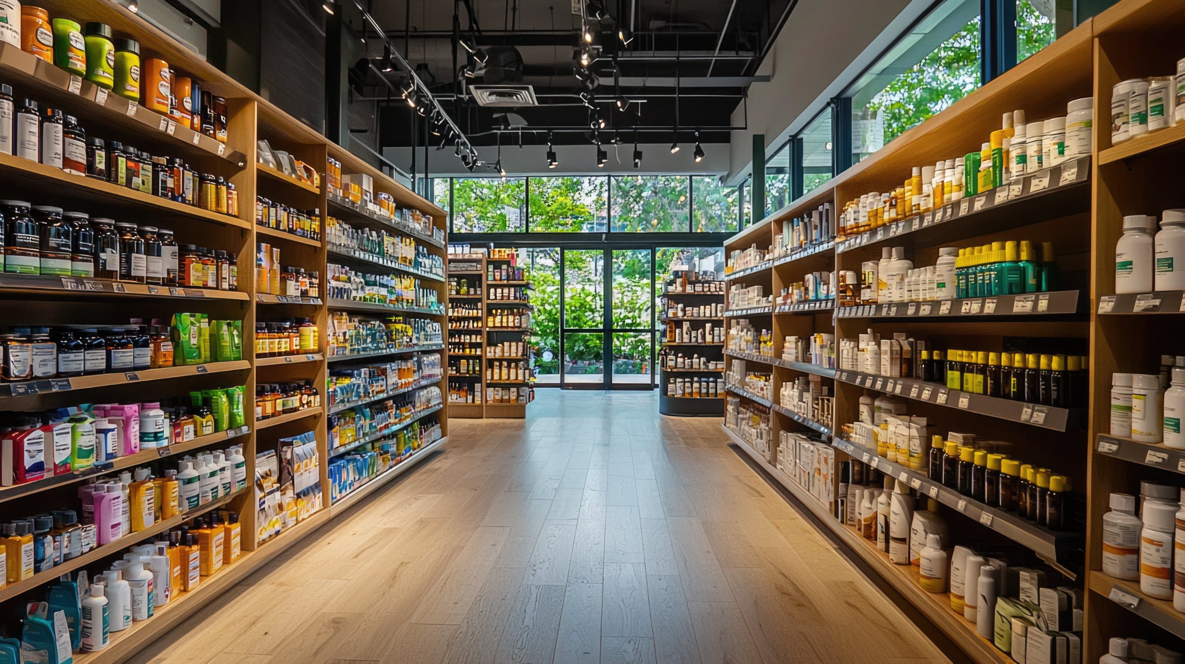 Nutrition and supplement products on a retail wellness aisle